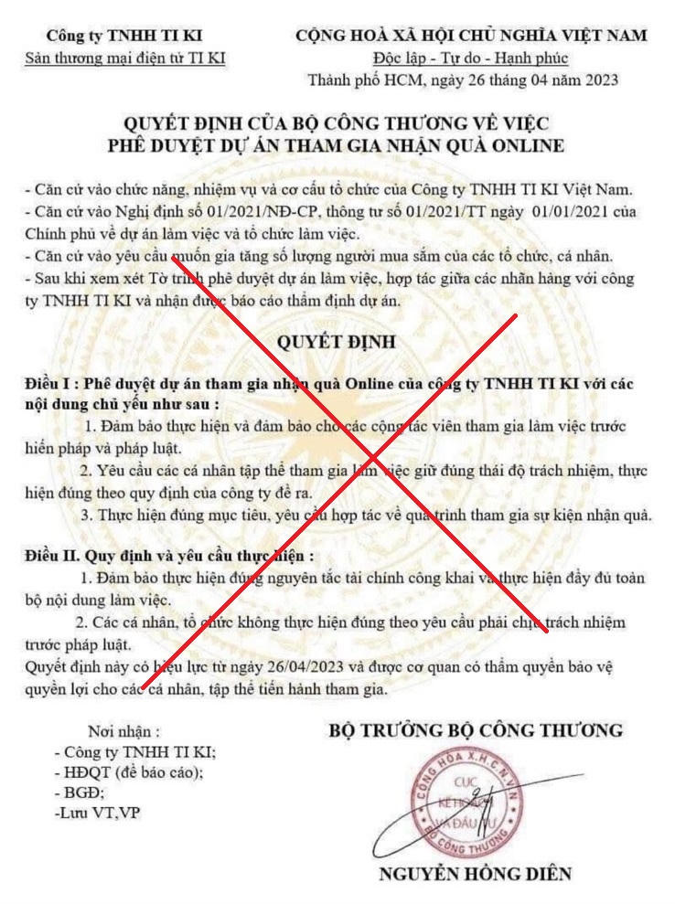 Cảnh báo giả mạo Bộ Công Thương về việc phê duyệt dự án tham gia nhận quà online