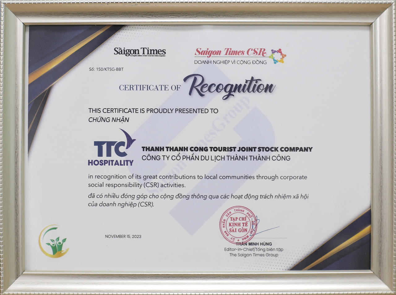 TTC Hospitality nhận vinh danh Saigon Times CSR 2023 - Doanh nghiệp vì cộng đồng năm 2023