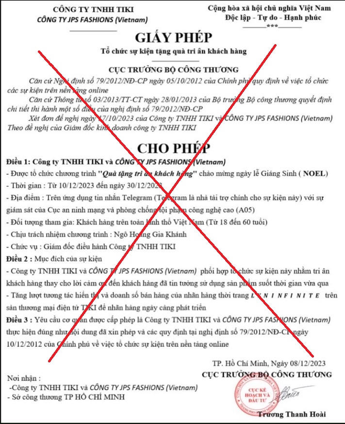 Giả mạo giấy phép Bộ Công Thương tổ chức sự kiện tặng quà tri ân