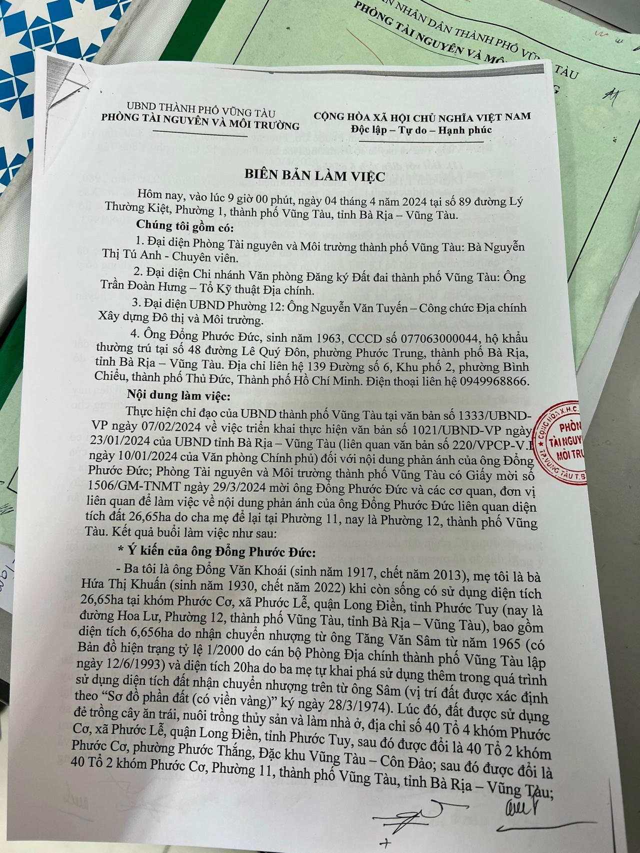 Sự việc nhiều năm xin cấp sổ đỏ tại Bà Rịa - Vũng Tàu: Phòng Tài nguyên và Môi trường TP Vũng Tàu làm việc với người có đơn
