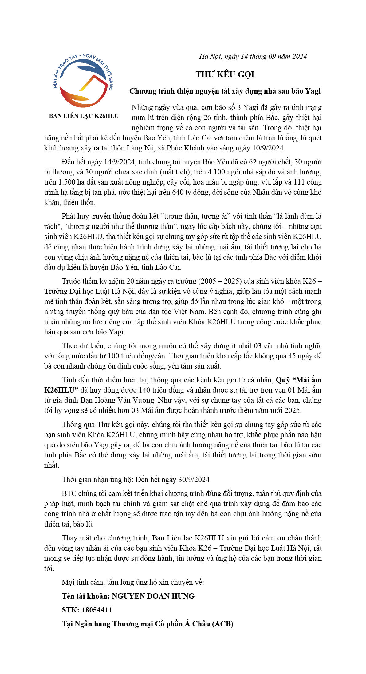 Cựu sinh viên Khóa K26HLU phát động chương trình thiện nguyện tái xây dựng nhà sau bão Yagi