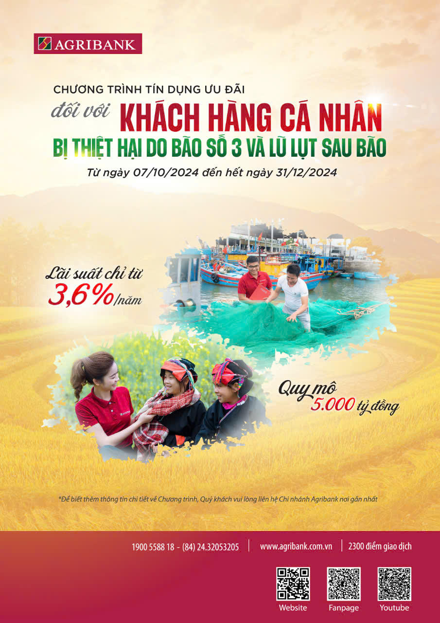 Agribank ưu đãi lãi vay đối với khách hàng bị thiệt hại do bão số 3 và lũ lụt sau bão