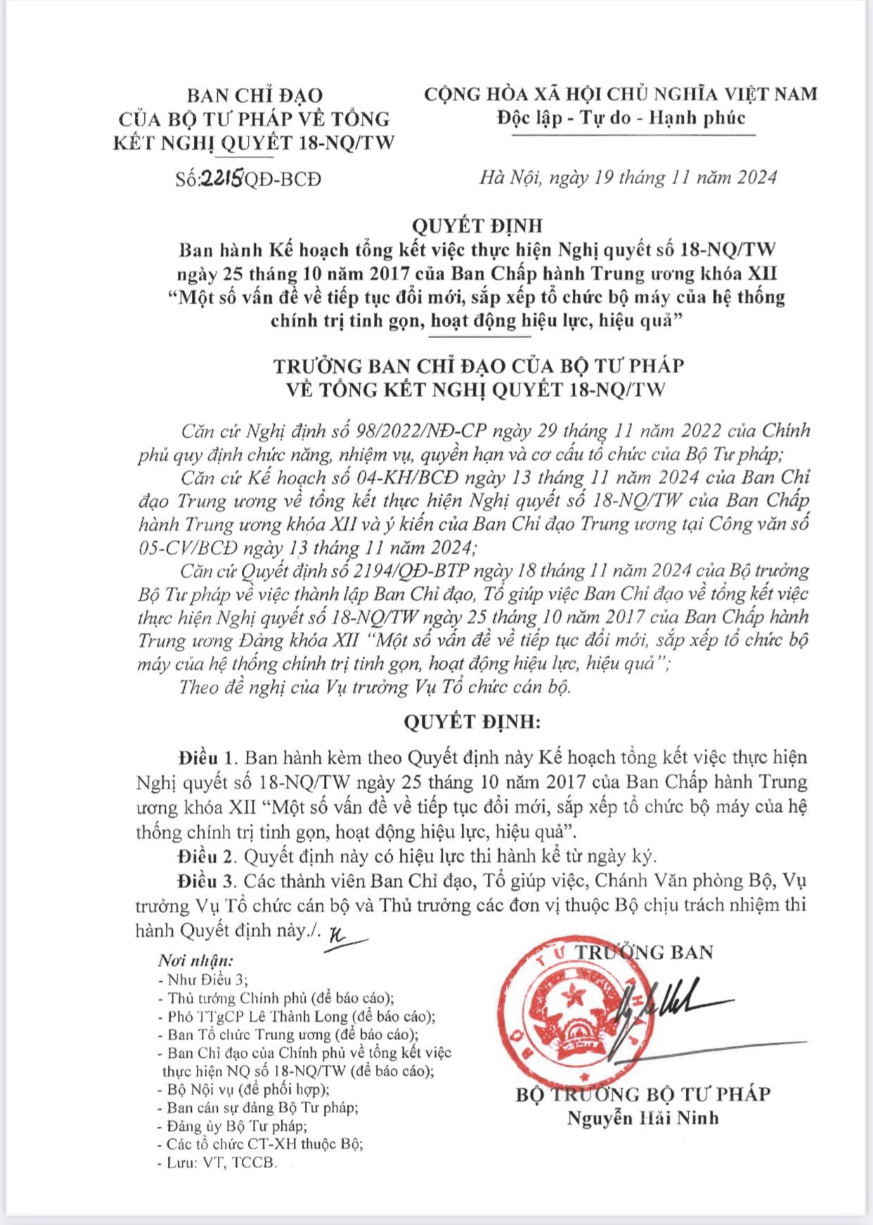 Kế hoạch của Bộ Tư pháp về Tổng kết thực hiện Nghị Quyết số 18 - NQ/TW