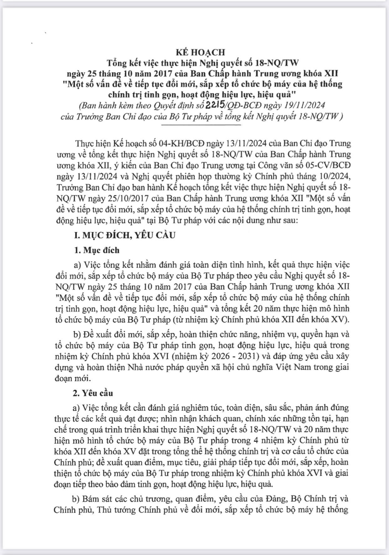 Kế hoạch của Bộ Tư pháp về Tổng kết thực hiện Nghị Quyết số 18 - NQ/TW