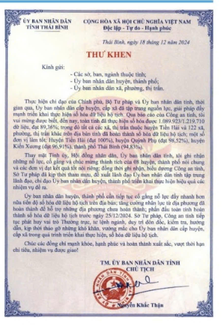 Thái Bình: Hoàn thành số hoá dữ liệu hộ tịch