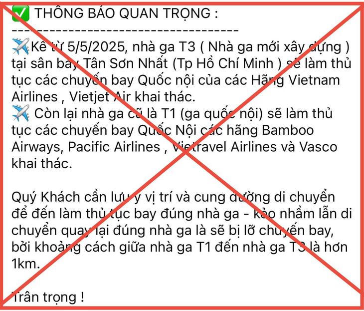 Thông tin 'nhà ga T3 sân bay Tân Sơn Nhất khai thác từ ngày 5/5' là không chính xác