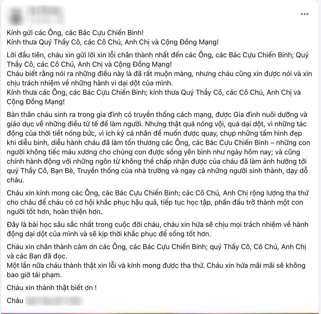 Vô lễ với cựu chiến binh, nam sinh viên được cho là lên tiếng xin lỗi, dư luận vẫn phẫn nộ