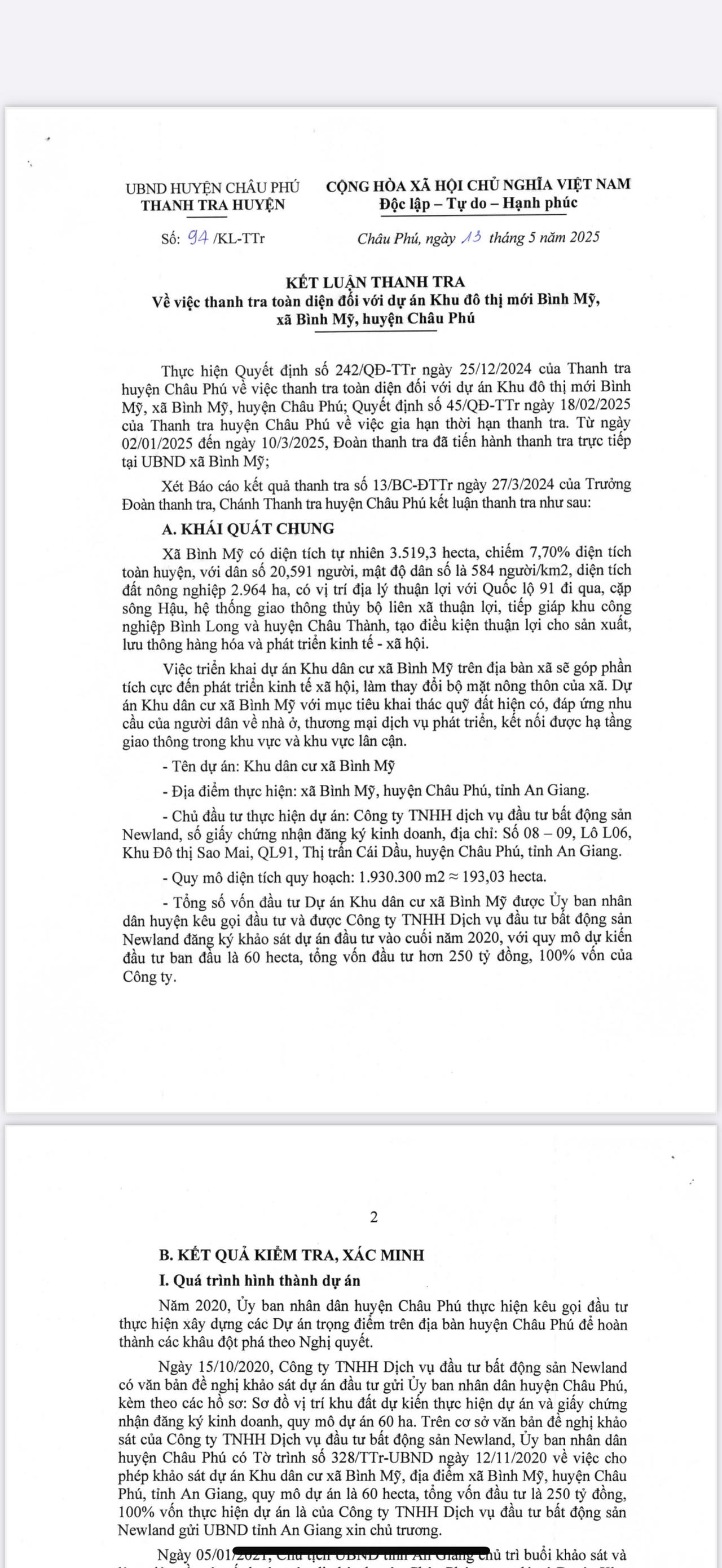 Vi phạm tại dự án Khu dân cư Vịnh Tre (An Giang): Một số lãnh đạo huyện Châu Phú bị đề nghị kỷ luật
