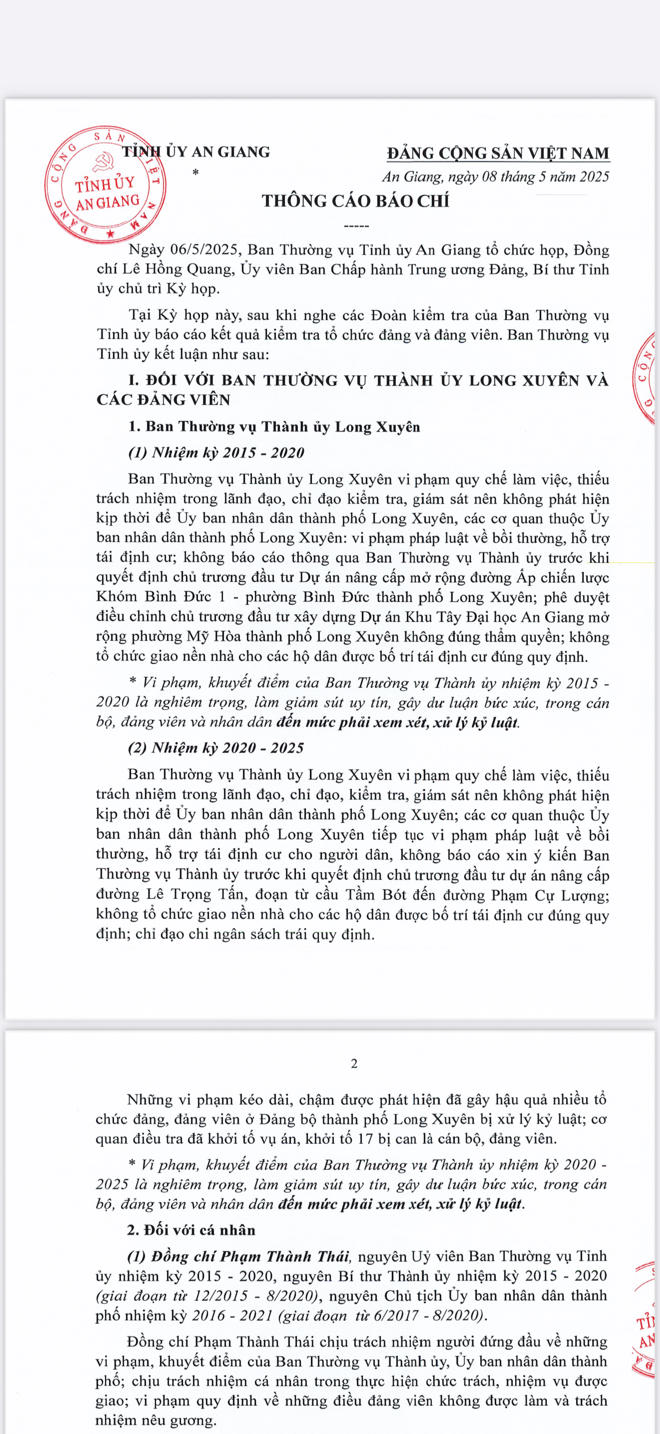 Vi phạm tại dự án Khu dân cư Vịnh Tre (An Giang): Một số lãnh đạo huyện Châu Phú bị đề nghị kỷ luật