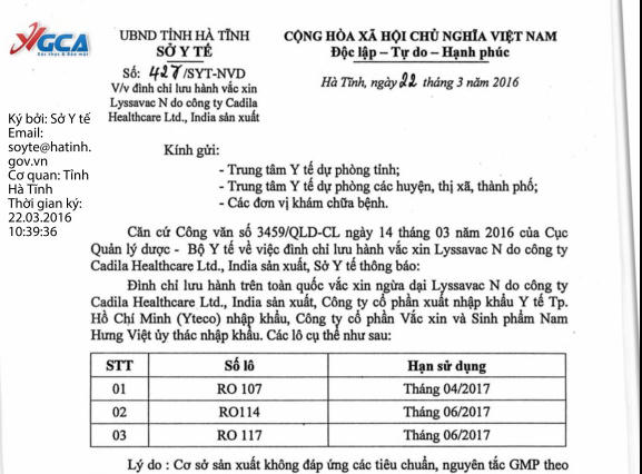Hà Tĩnh: Đình chỉ lưu hành vắc xin ngừa dại Lyssavac N