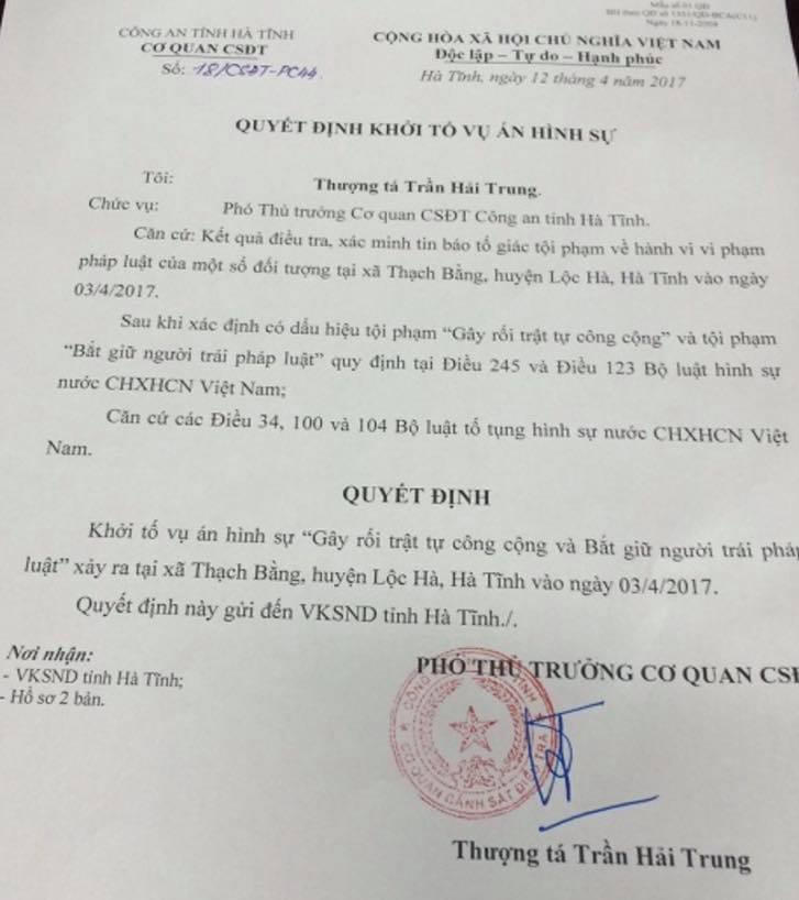 Hà Tĩnh: Khởi tố vụ gây rối trật tự, bắt giữ người trái pháp luật 