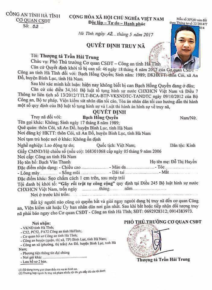 Truy nã toàn quốc đối tượng cầm đầu kích động người dân gây rối trật tự