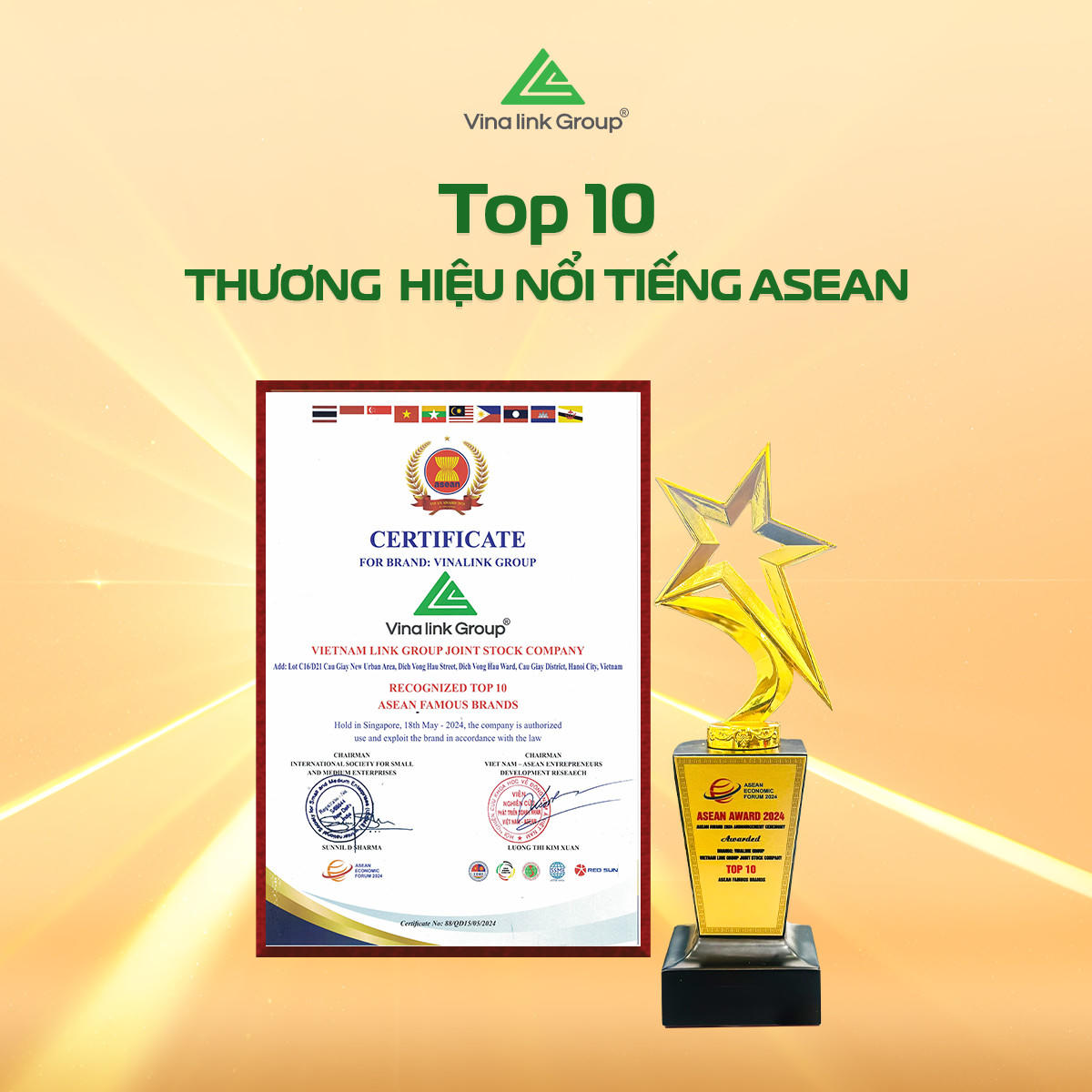 Vinalink Group khẳng định vị thế Top 10 thương hiệu nổi tiếng ASEAN năm 2024