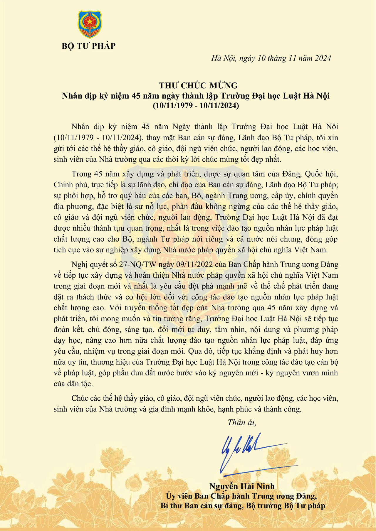 Thư chúc mừng của Bộ trưởng Bộ Tư pháp nhân dịp 45 năm thành lập Trường Đại học Luật Hà Nội