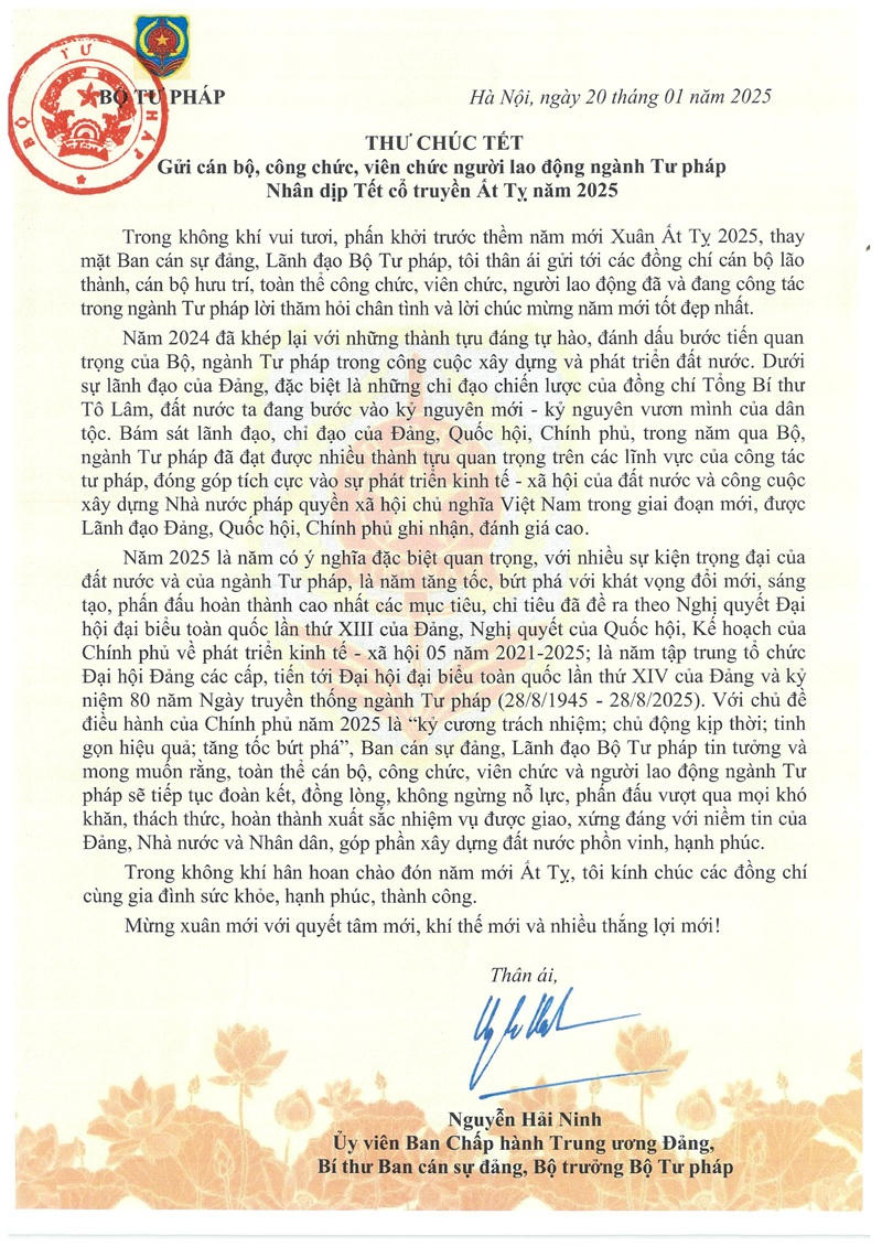 Thư của Bộ trưởng Nguyễn Hải Ninh gửi CBCCVC, người lao động ngành Tư pháp nhân dịp Tết cổ truyền Ất Tỵ 