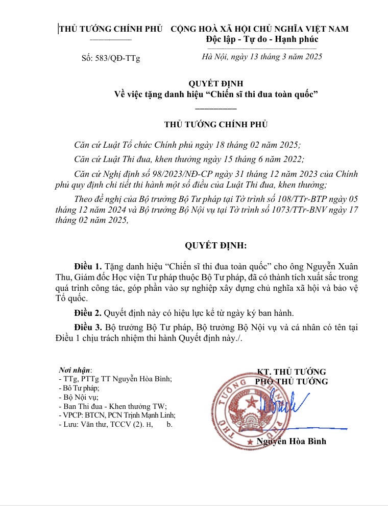 Giám đốc Học viện Tư pháp được Thủ tướng Chính phủ tặng danh hiệu “Chiến sĩ thi đua toàn quốc”
