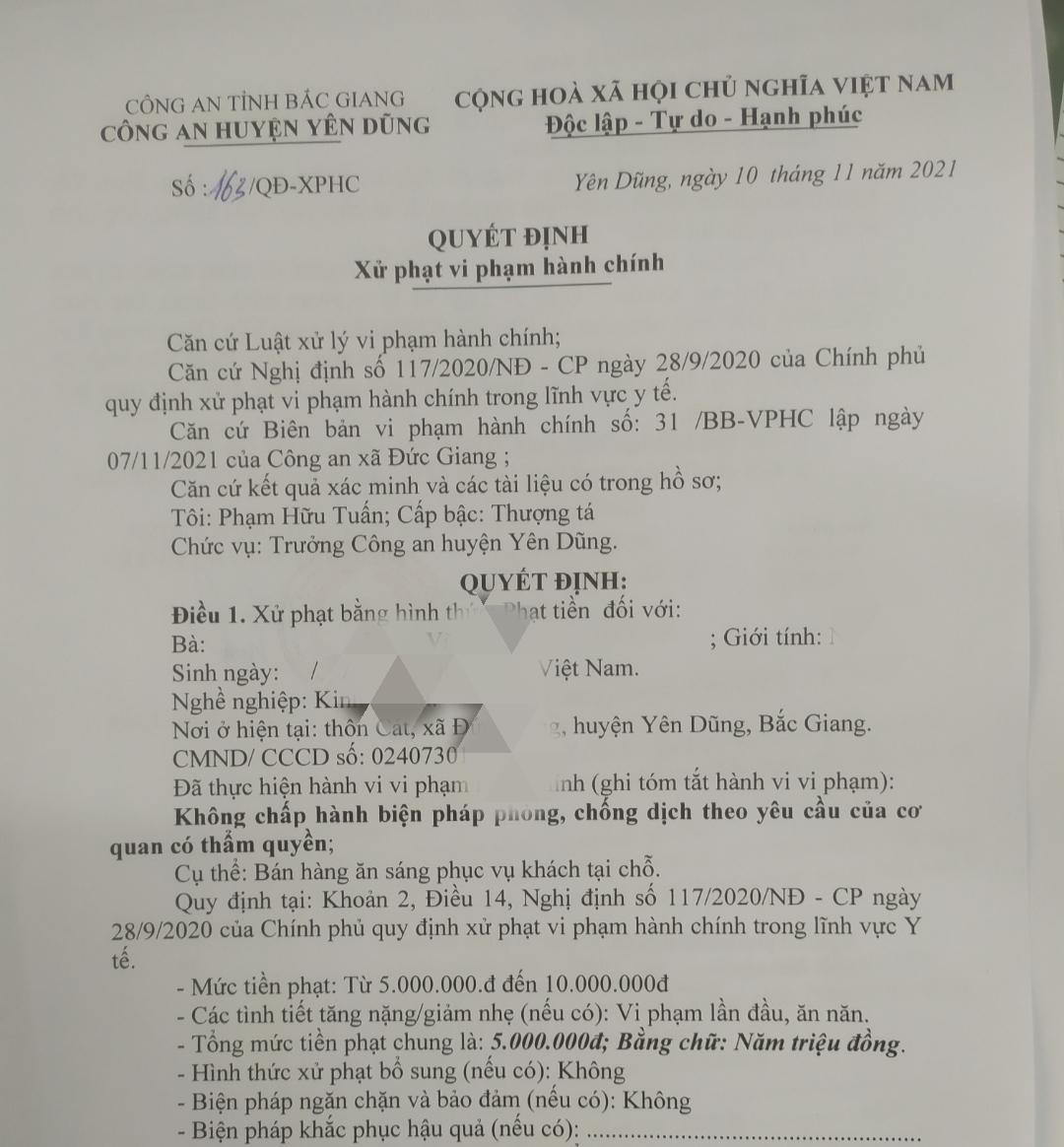 Công an Bắc Giang xử phạt 15 triệu đồng 3 hàng ăn vi phạm quy định phòng, chống dịch