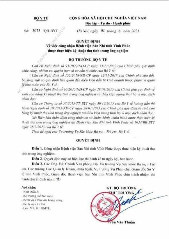 Bệnh viện Sản nhi tỉnh Vĩnh Phúc được thực hiện kỹ thuật thụ tinh ống nghiệm