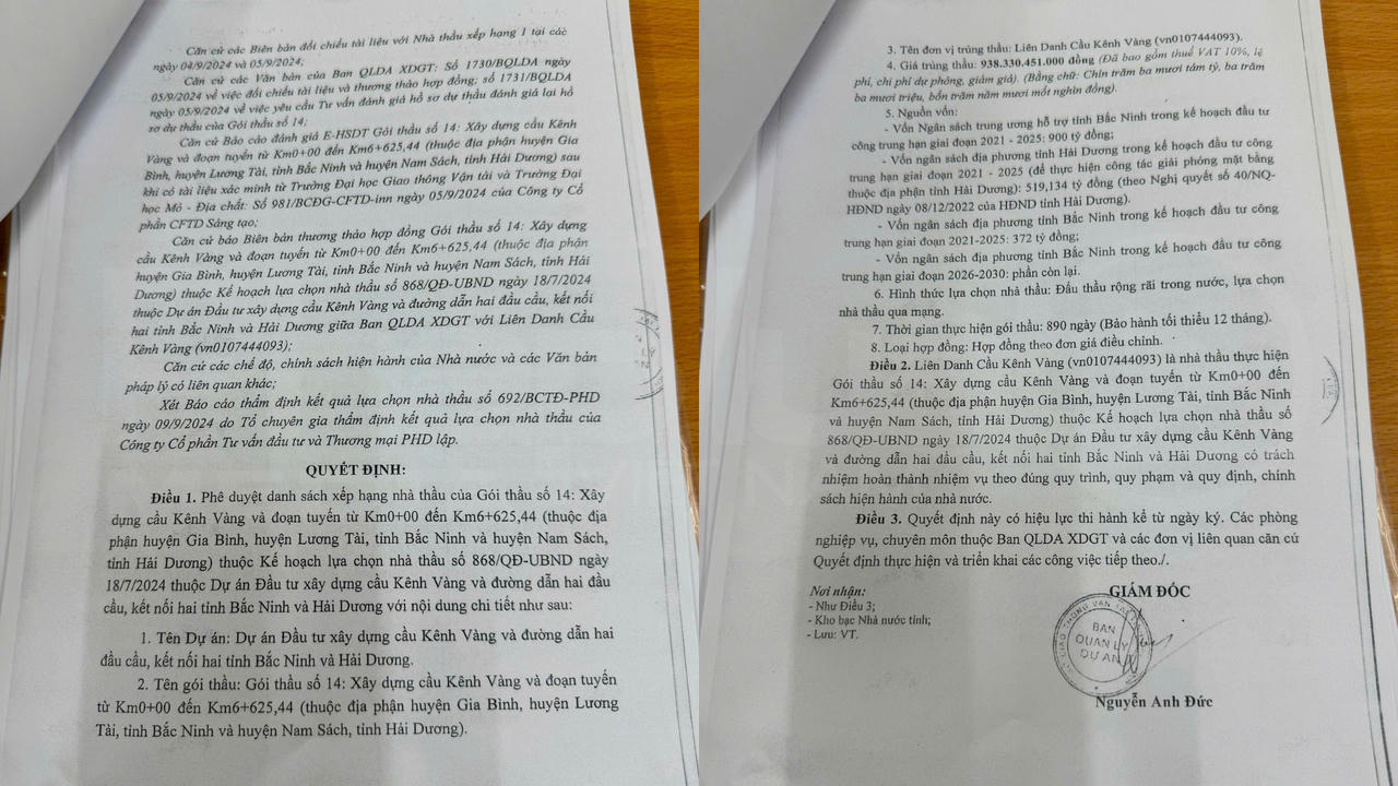 Công bố kết quả lựa chọn nhà thầu thi công cầu Kênh Vàng nối Bắc Ninh và Hải Dương