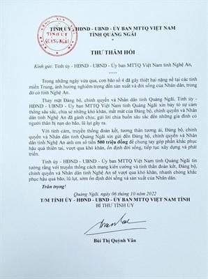 Tỉnh Quảng Ngãi hỗ trợ Nghệ An 500 triệu đồng khắc phục hậu quả thiên tai