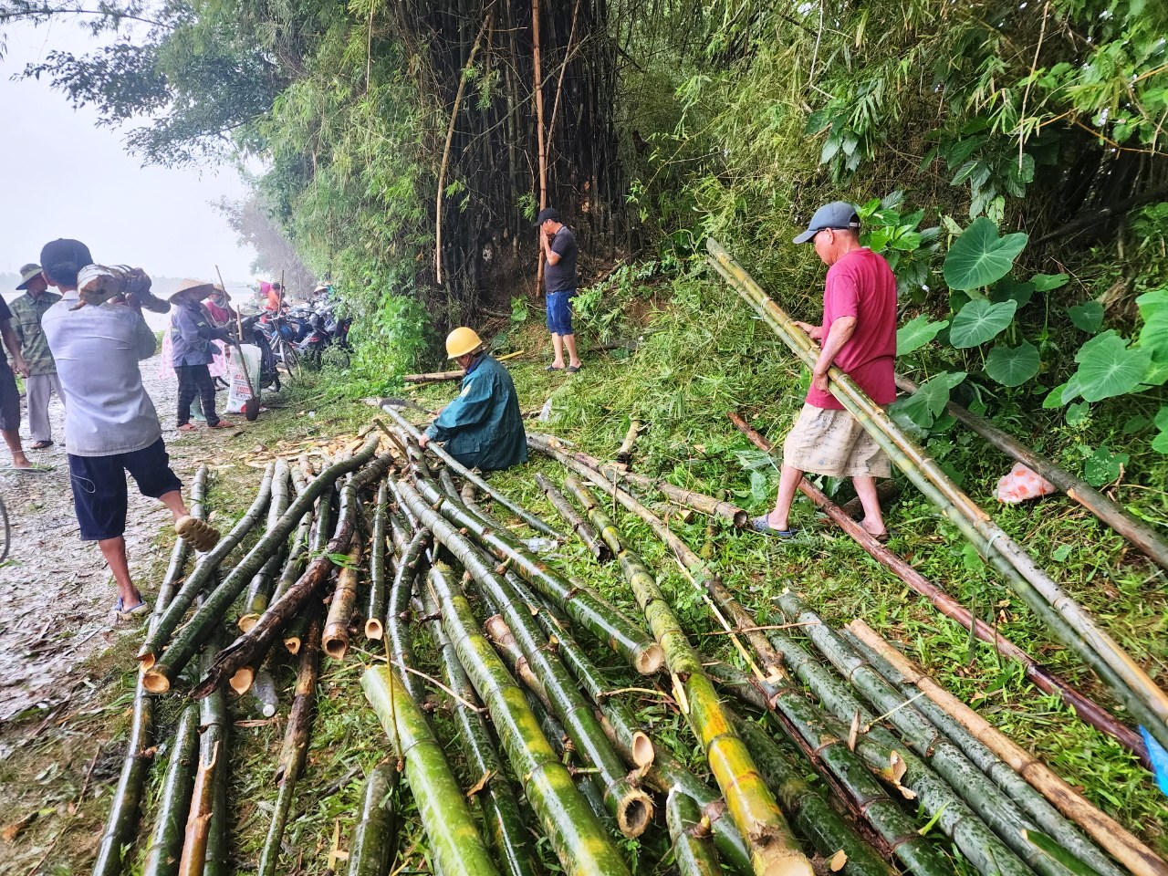 Người dân vùng 'rốn lũ' đội mưa vá bờ sông bị sạt lở