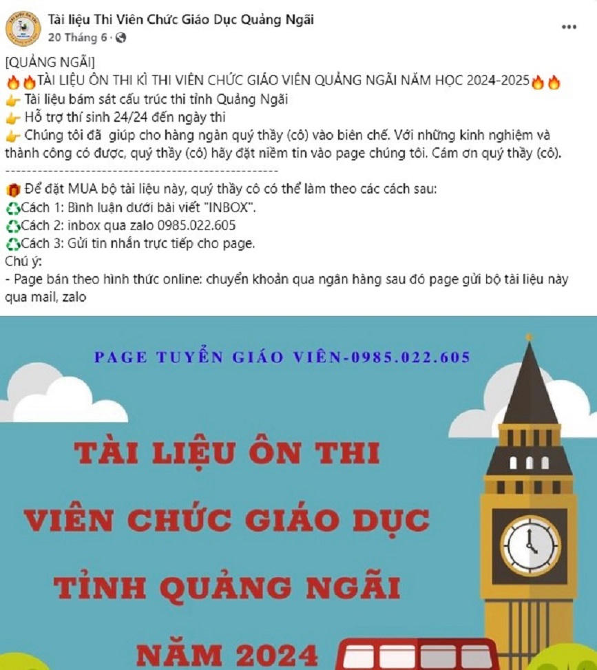 Tài liệu ôn thi viên chức giáo viên tại Quảng Ngãi được rao bán trên mạng là lừa đảo