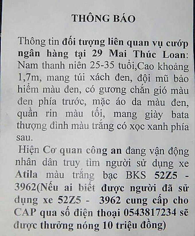 Tìm thấy tang vật vụ cướp ngân hàng BIDV Chi nhánh Huế