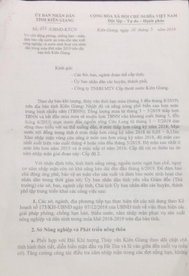 Lãnh đạo tỉnh Kiên Giang yêu cầu chủ động phòng chống hạn- mặn màu khô