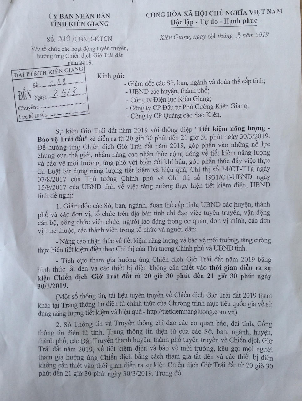 Lãnh đạo Tỉnh Kiên Giang chỉ đạo phát động Chiến dịch “Giờ trái đất” 2019