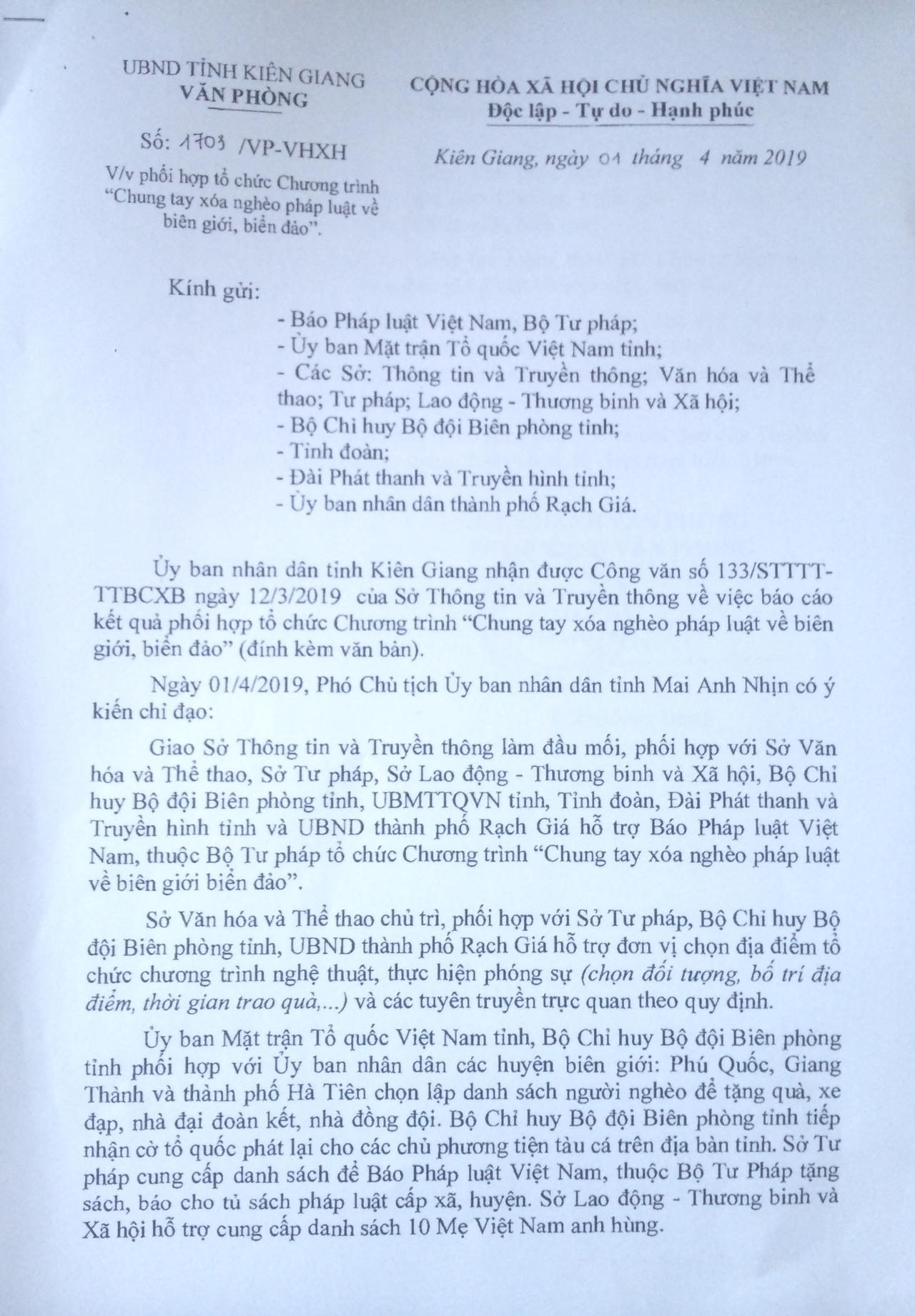 Sắp diễn ra chương trình 'Chung tay xóa nghèo pháp luật về biên giới, biển đảo' tại Kiên Giang