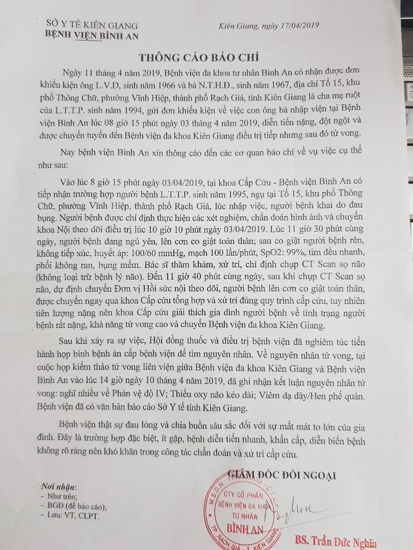 Do đâu cô gái trẻ tử vong sau khi nhập viện ở Kiên Giang?