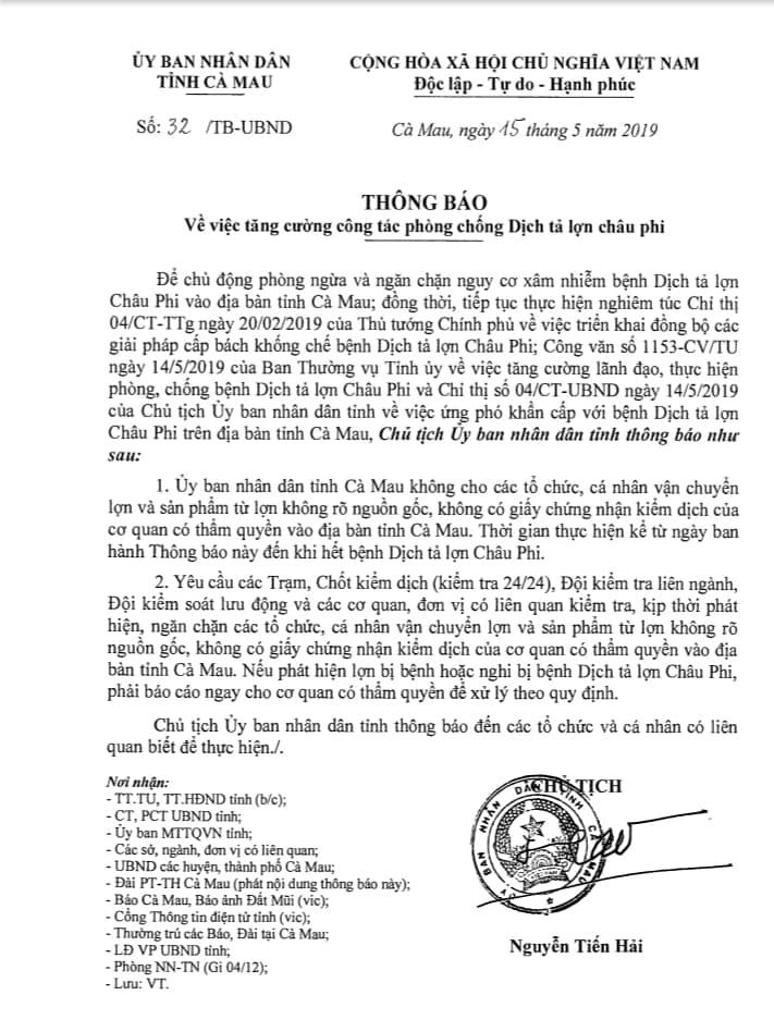 Cà Mau quyết liệt thực hiện các biện pháp ứng phó khẩn cấp với bệnh dịch tả lợn châu Phi 