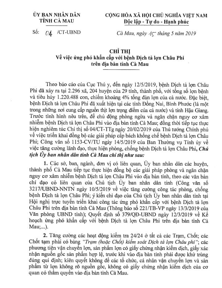 Cà Mau quyết liệt thực hiện các biện pháp ứng phó khẩn cấp với bệnh dịch tả lợn châu Phi 