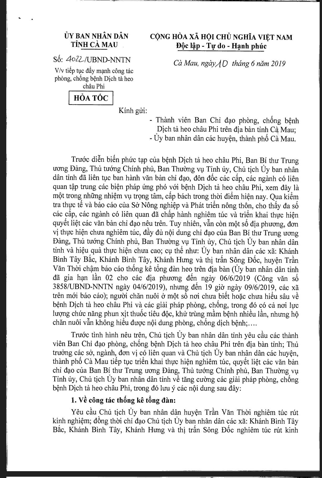 Một Chủ tịch huyện ở Cà Mau bị 'nhắc nhở' do lơ là với dịch tả heo