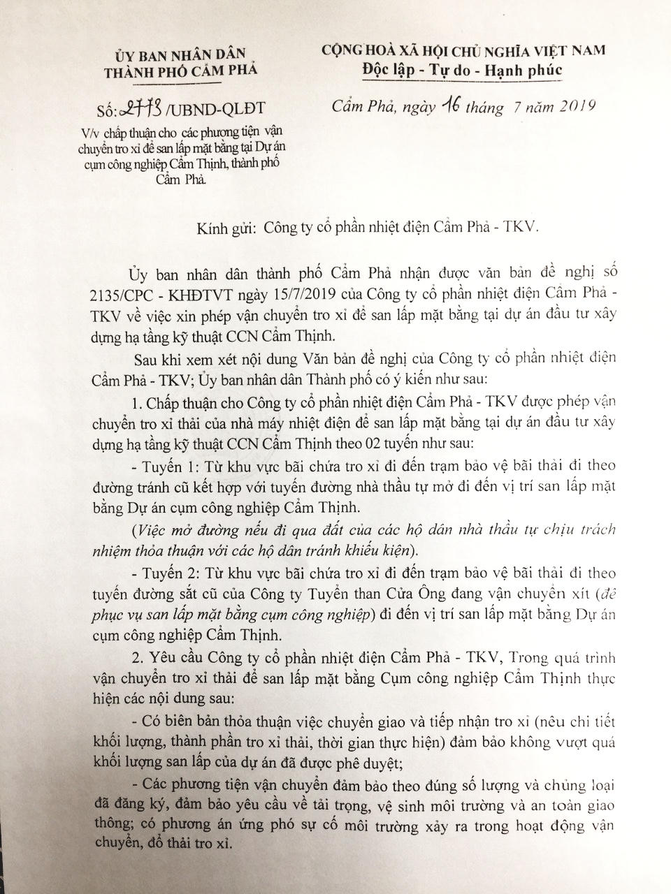 Nhà máy nhiệt điện Cẩm Phả được phép vận chuyển tro xỉ thải để san lấp mặt bằng Cụm công nghiệp Cẩm Thịnh