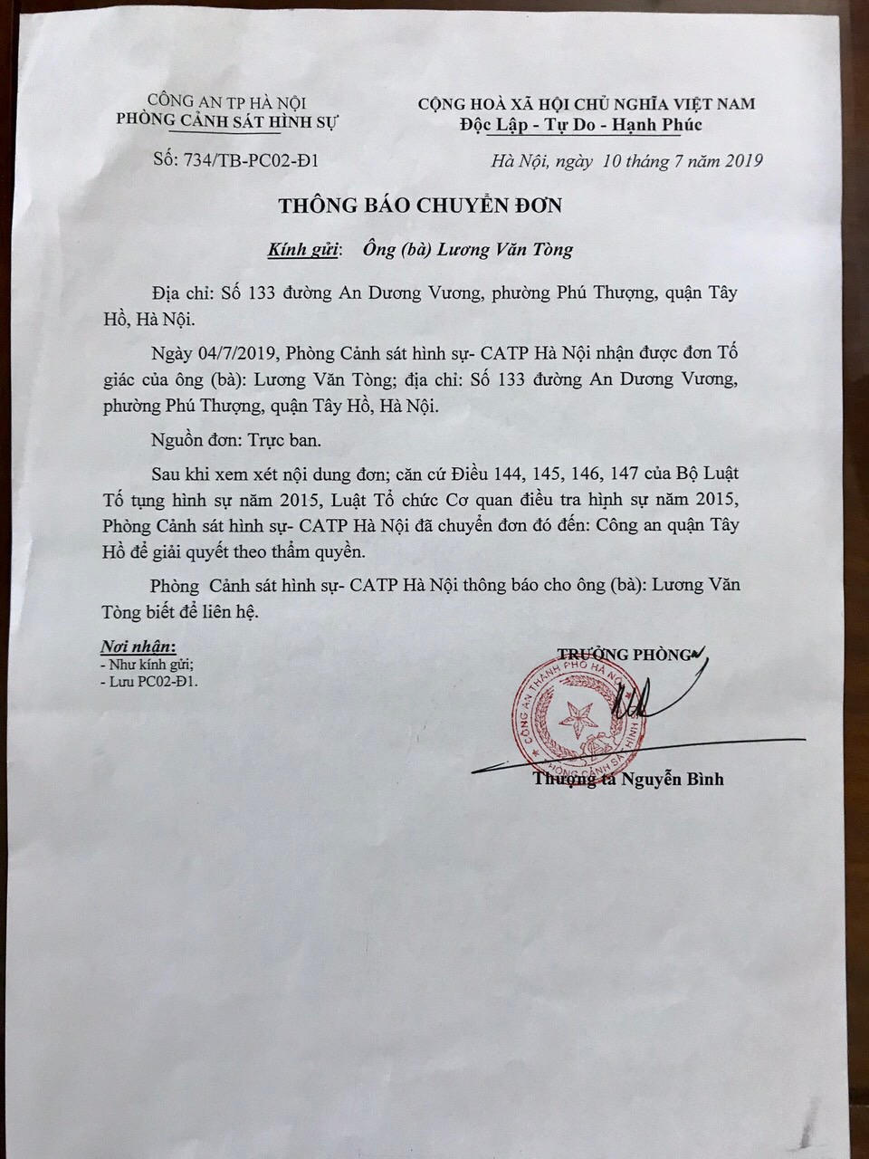 Công an thụ lý vụ “mất nhà” vì cho người quen đứng tên sổ đỏ ở Tây Hồ (Hà Nội)