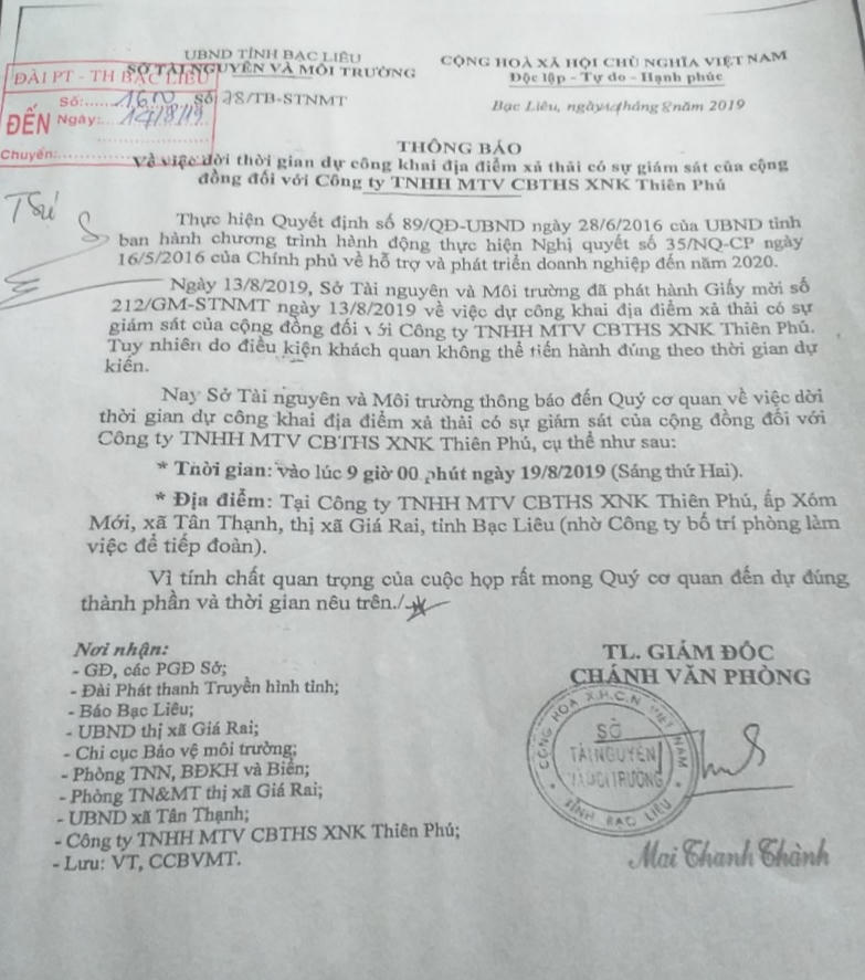 Bạc Liêu cắm biển công khai điểm xả thải tại Công ty chế biến thủy hải sản xuất khẩu