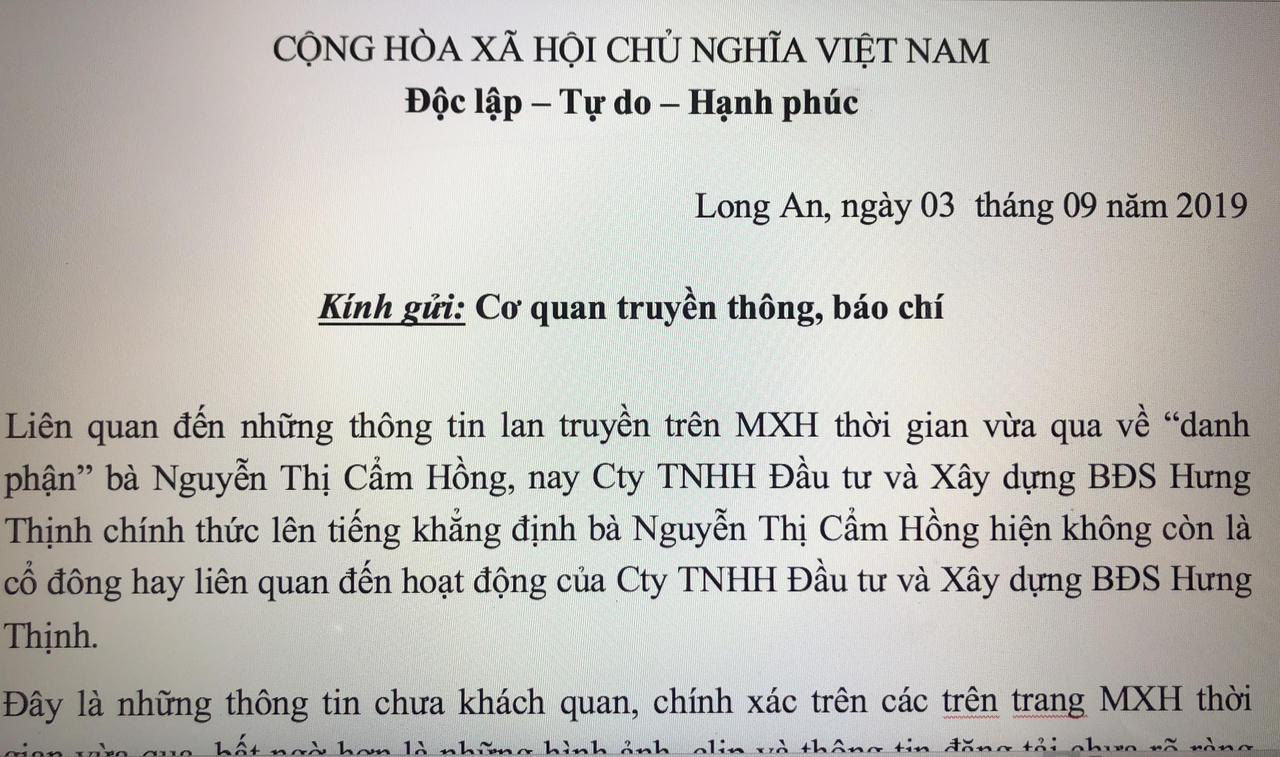 Cty BĐS Hưng Thịnh khẳng định bà Nguyễn Thị Cẩm Hồng không còn là cổ đông của Cty