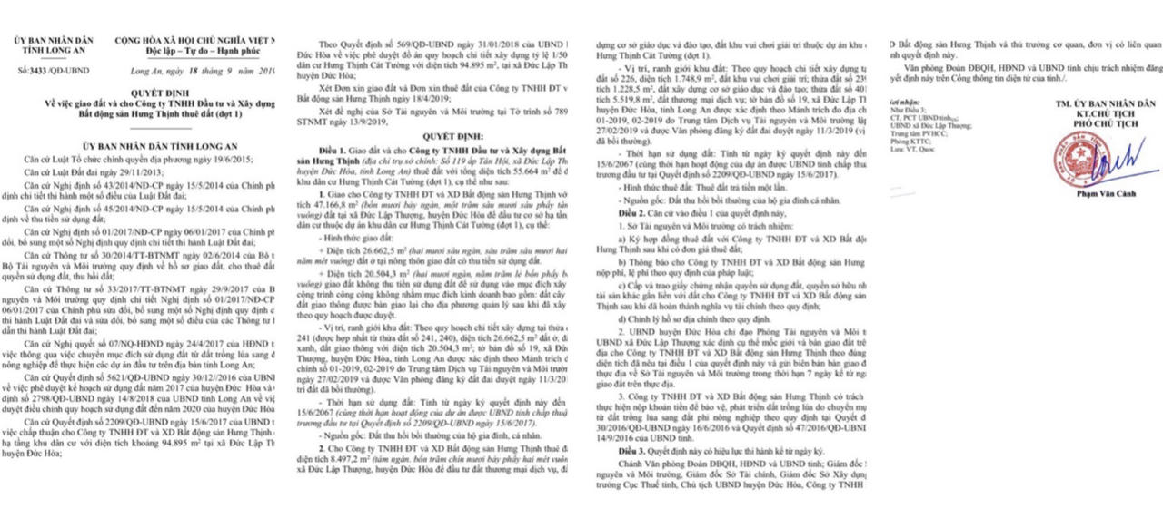 UBND tỉnh Long An chính thức giao đất cho chủ đầu tư dự án Hưng Thịnh Cát Tường