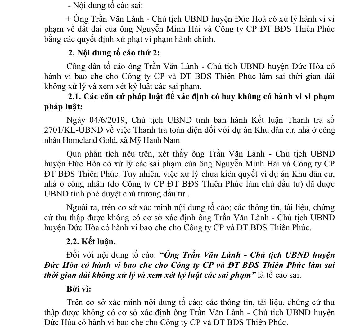 Thanh tra tỉnh Long An khẳng định Chủ tịch huyện Đức Hoà không bao che doanh nghiệp