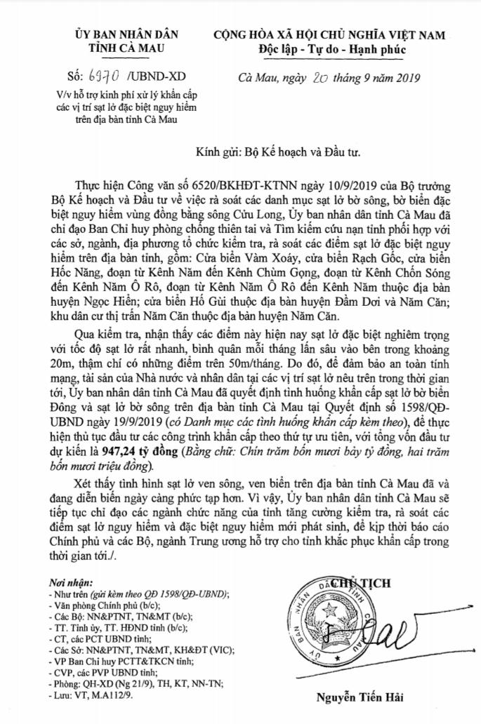 Cà Mau xin 1000 tỷ để xử lý khẩn cấp các điểm sạt lở đặc biệt nguy hiểm