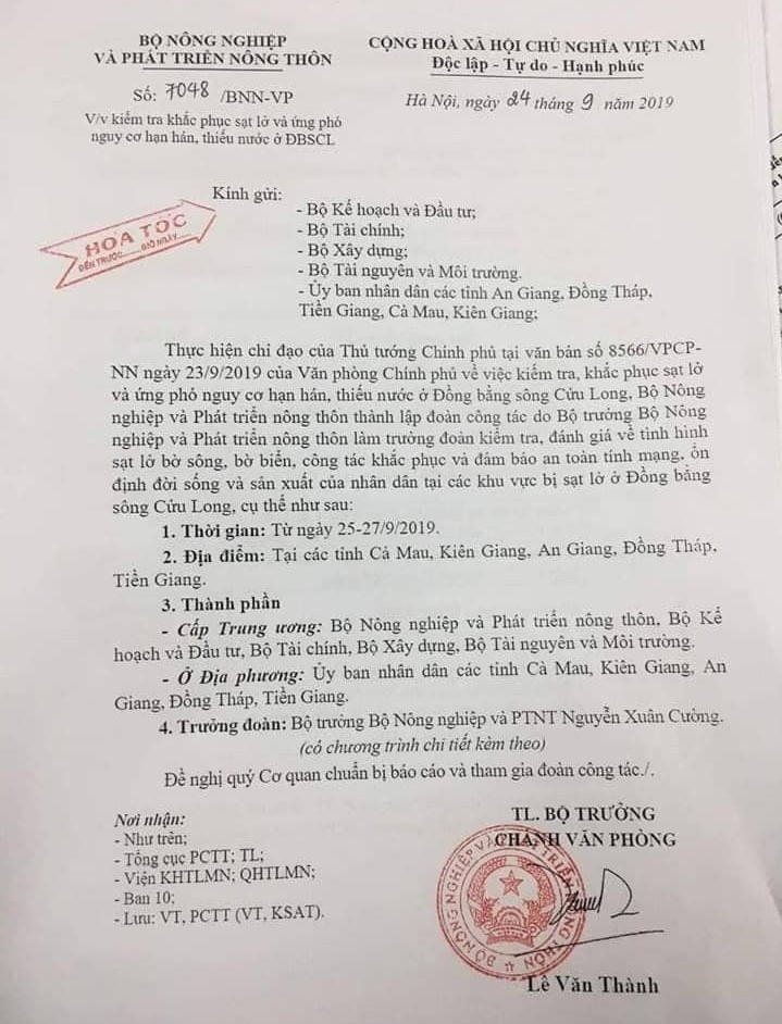 Kiểm tra khắc phục sạt lở và ứng phó nguy cơ hạn hán, thiếu nước tại khu vực ĐBSCL 