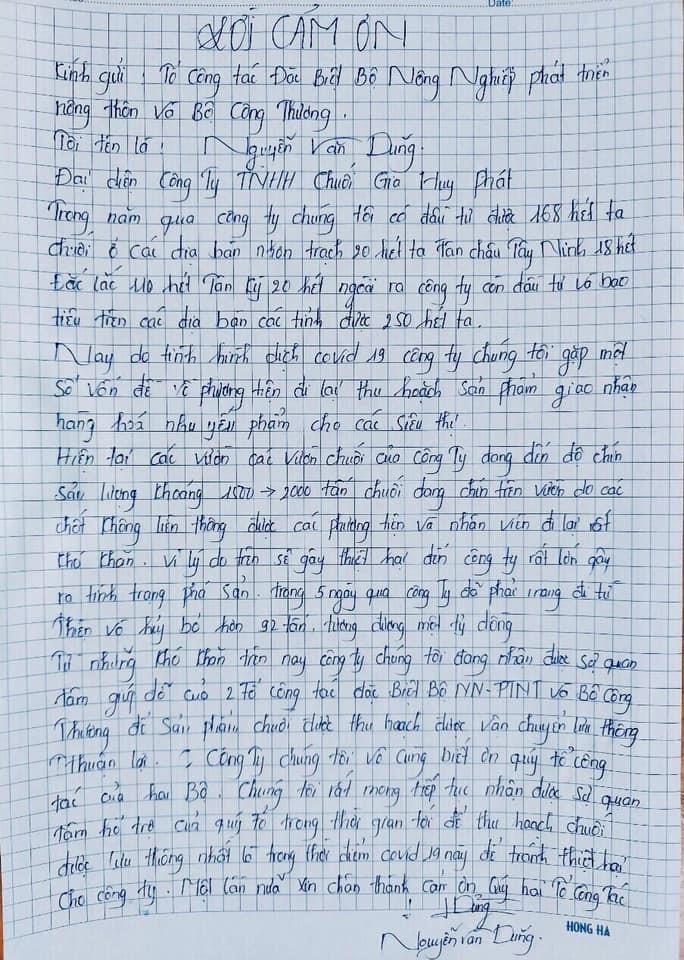 Doanh nghiệp viết thư cám ơn Tổ công tác mong được tiếp tục hỗ trợ “giải cứu” 2.000 tấn chuối
