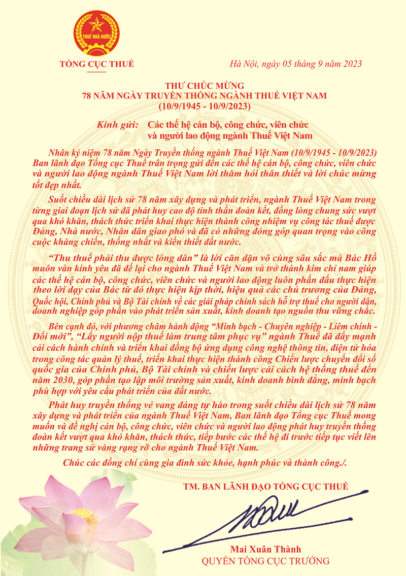 Quyền Tổng cục trưởng Mai Xuân Thành gửi Thư Chúc mừng 78 năm Ngày Truyền thống ngành Thuế Việt Nam