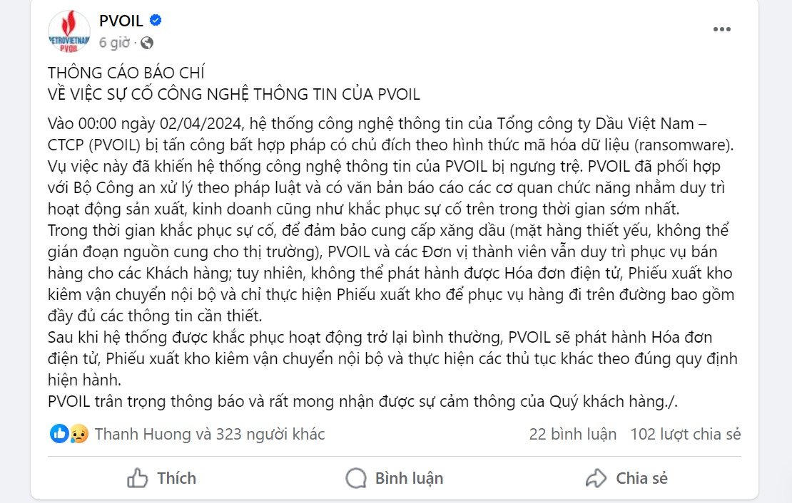 PVOIL bị tấn công mạng có chủ đích