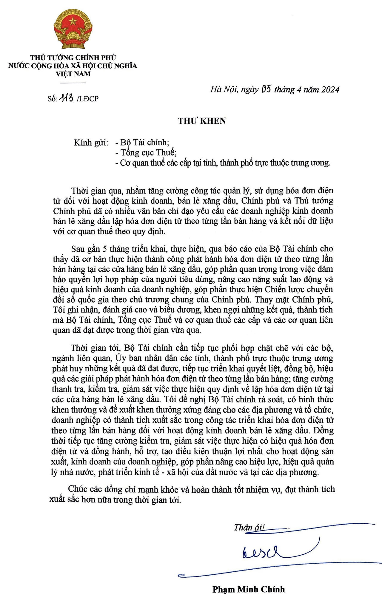 Thực hiện thành công phát hành hóa đơn điện tử xăng dầu theo từng lần bán, ngành Tài chính - Thuế được Thủ tướng khen