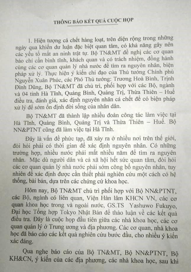 Bộ Tài nguyên Môi trường nhận định nguyên nhân cá biển chết hàng loạt