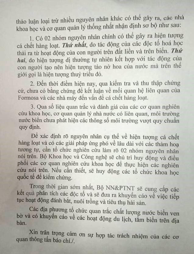 Bộ Tài nguyên Môi trường nhận định nguyên nhân cá biển chết hàng loạt