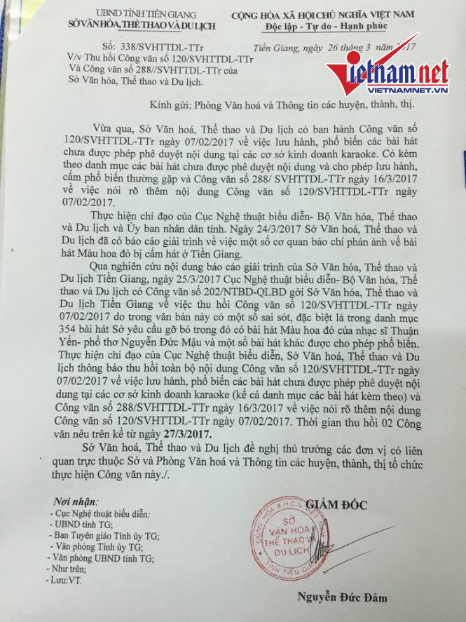 Thu hồi khẩn cấp công văn cấm lưu hành ca khúc 'Màu hoa đỏ'