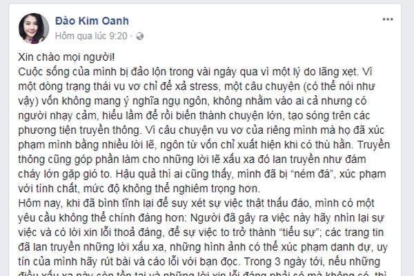  Kim Oanh tuyên bố sẽ kiện người xúc phạm danh dự nếu không xin lỗi. 